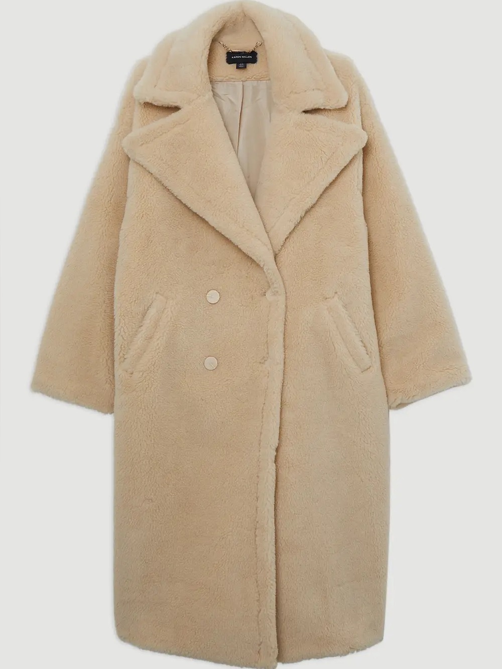Karen Millen Faux Teddy Longline Coat - Cream (Size 6)